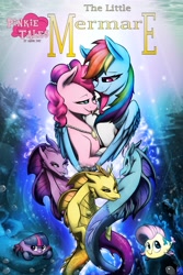 Size: 4389x6584 | Tagged: safe, artist:xxmarkingxx, character:adagio dazzle, character:aria blaze, character:fluttershy, character:pinkie pie, character:rainbow dash, character:sonata dusk, character:twilight sparkle, character:twilight sparkle (alicorn), species:alicorn, species:crab, species:pony, species:seapony (g4), species:siren, ship:pinkiedash, absurd resolution, ariel, clothing, fairy tale, female, fish, flounder, floundershy, flutterfish, hug, jewelry, lesbian, merpony, necklace, partiel, pinkie tales, poster, prince eric, shipping, species swap, the dazzlings, the little mermaid, the little mermare, underwater, winghug