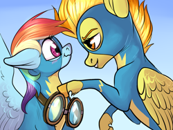 Size: 1024x768 | Tagged: safe, artist:loryska, character:rainbow dash, character:spitfire, species:pegasus, species:pony, ship:spitdash, clothing, female, flying, goggles, lesbian, scrunchy face, shipping, uniform, wings, wonderbolts uniform