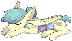 Size: 833x469 | Tagged: safe, artist:amphoera, oc, oc only, oc:venti via, species:pegasus, species:pony, egg, frog (hoof), simple background, sleeping, solo, underhoof, white background