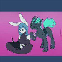Size: 1000x1000 | Tagged: safe, artist:jarwis, part of a set, non-mlp oc, oc, oc only, oc:verse, species:anthro, species:changeling, species:plantigrade anthro, species:pony, species:rabbit, bottle, changeling oc, clothing, drawing tablet, easter, evening gloves, explicit source, fingerless elbow gloves, furry, gay, gloves, lidded eyes, long gloves, male, sitting, socks, stallion, tablet, thigh highs
