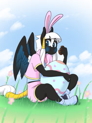 Size: 1920x2558 | Tagged: safe, artist:skecchiart, oc, oc only, oc:corvus rey, species:anthro, species:pegasus, species:plantigrade anthro, species:pony, anthro oc, bunny ears, chocolate, clothing, easter, easter egg, eating, food, gift art, grass, holiday, shoes, solo