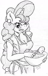 Size: 1529x2391 | Tagged: safe, artist:zemer, character:sugar belle, species:anthro, species:pony, species:unicorn, g4, apron, clothing, ear piercing, earring, eyelashes, female, horn, jewelry, looking at you, mixing bowl, monochrome, open mouth, pants, pencil drawing, piercing, shirt, solo, spoon, traditional art