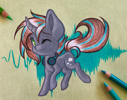 Size: 3335x2614 | Tagged: safe, artist:emberslament, oc, oc only, oc:thinker, species:pony, species:unicorn, chibi, colored pencils, curved horn, high res, horn, male, pencil, photo, solo, stallion, traditional art