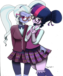 Size: 1024x1229 | Tagged: safe, artist:missmayaleanne, character:sugarcoat, character:twilight sparkle, character:twilight sparkle (scitwi), species:eqg human, equestria girls:friendship games, g4, my little pony: equestria girls, my little pony:equestria girls, breasts, clothing, crystal prep academy uniform, duo, female, glasses, hand on butt, lesbian, looking at you, looking away, school uniform, shipping, simple background, sugartwi, transparent background