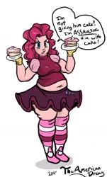 Size: 702x1165 | Tagged: safe, artist:ross irving, artist:theamericandream, character:pinkie pie, species:human, belly button, cake, chubbie pie, chubby, clothing, fat, female, humanized, midriff, pudgy pie, skirt