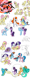 Size: 972x2524 | Tagged: safe, artist:otterlore, character:angel bunny, character:applejack, character:firefly, character:fluttershy, character:lofty, character:paradise, character:pinkie pie, character:rainbow dash, character:rarity, character:twilight sparkle, character:wind whistler, ship:flutterdash, ship:rarishy, g1, female, g1 to g4, generation leap, hippocampus, kissing, lesbian, merpony, shipping