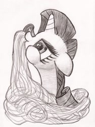 Size: 1576x2095 | Tagged: safe, artist:shoeunit, character:rarity, species:pony, eating, female, food, monochrome, pasta, solo, spaghetti, traditional art