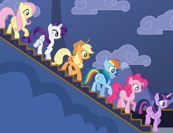 Size: 3750x2875 | Tagged: safe, artist:tomfraggle, character:applejack, character:fluttershy, character:pinkie pie, character:rainbow dash, character:rarity, character:twilight sparkle, character:twilight sparkle (alicorn), species:alicorn, species:pony, alicorn wings, high res, mane six, stairs, walking