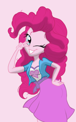 Size: 1200x1920 | Tagged: safe, artist:theroyalprincesses, character:pinkie pie, my little pony:equestria girls, clothing, cute, female, one eye closed, peace sign, pose, rear view, skirt, solo, wink