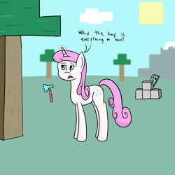 Size: 1600x1600 | Tagged: safe, artist:joey, character:twinkleshine, species:pony, species:unicorn, :<, axe, creeper, crossover, dialogue, female, levitation, magic, mare, minecraft, solo, telekinesis, this will end in explosions, tree