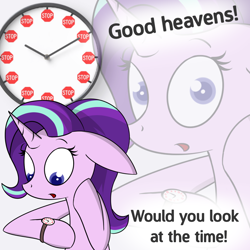 Size: 1000x1000 | Tagged: safe, artist:pandramodo, artist:pj-nsfw, character:starlight glimmer, species:pony, species:unicorn, floppy ears, it's time to stop, just look at the time, look at the time, meme, open mouth, stop sign, watch, wristwatch, zoom layer