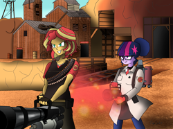 Size: 4000x2982 | Tagged: safe, artist:missmayaleanne, character:sunset shimmer, character:twilight sparkle, character:twilight sparkle (scitwi), species:eqg human, my little pony:equestria girls, crossover, dustbowl, evil grin, grin, healing, heavy weapons guy, implied lesbian, implied scitwishimmer, implied shipping, implied sunsetsparkle, medic, medigun, minigun, scenery, smiling, team fortress 2, twi medic