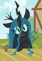 Size: 3436x5000 | Tagged: safe, artist:discommunicator, artist:kooner-cz, character:queen chrysalis, species:changeling, changeling queen, cute, cutealis, date, drink, female, head tilt, looking at you, smiling, solo