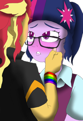 Size: 1280x1848 | Tagged: safe, artist:missmayaleanne, character:sunset shimmer, character:twilight sparkle, character:twilight sparkle (scitwi), species:eqg human, ship:scitwishimmer, ship:sunsetsparkle, my little pony:equestria girls, blushing, cute, female, imminent kissing, lesbian, looking at each other, shipping, twiabetes