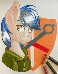 Size: 3004x3851 | Tagged: safe, artist:emberslament, oc, oc only, oc:bravery, species:pony, bust, clothing, colored pencils, high res, male, pencil, photo, portrait, solo, stallion, traditional art