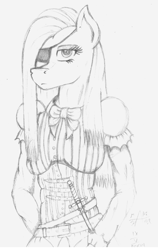 Size: 1918x3027 | Tagged: safe, artist:mane-shaker, character:pinkamena diane pie, character:pinkie pie, species:anthro, bow, clothing, corset, dagger, eyepatch, female, looking at you, monochrome, solo, traditional art, victorian, weapon