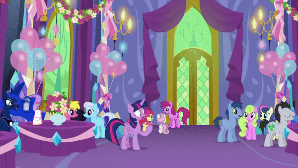 Size: 600x338 | Tagged: safe, artist:wissle, edit, edited screencap, screencap, character:apple bloom, character:berry punch, character:berryshine, character:blues, character:bon bon, character:discord, character:lucky clover, character:noteworthy, character:princess luna, character:scootaloo, character:sweetie belle, character:sweetie drops, character:twilight sparkle, character:twilight sparkle (alicorn), species:alicorn, species:draconequus, species:earth pony, species:pegasus, species:pony, species:unicorn, episode:celestial advice, g4, my little pony: friendship is magic, animated, balloon, card, female, filly, flower, gif, levitation, magic, male, mare, nervous, parody, running away, scene parody, sound at source, spilled drink, stallion, telekinesis, twilight's castle, youtube link