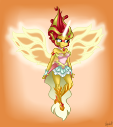 Size: 1024x1152 | Tagged: safe, artist:queentigrel, character:daydream shimmer, character:sunset shimmer, my little pony:equestria girls, art trade, breasts, clothing, daydream shimmer, dress, female, fiery shimmer, fiery wings, gradient background, lidded eyes, smiling, solo, spread wings, wings