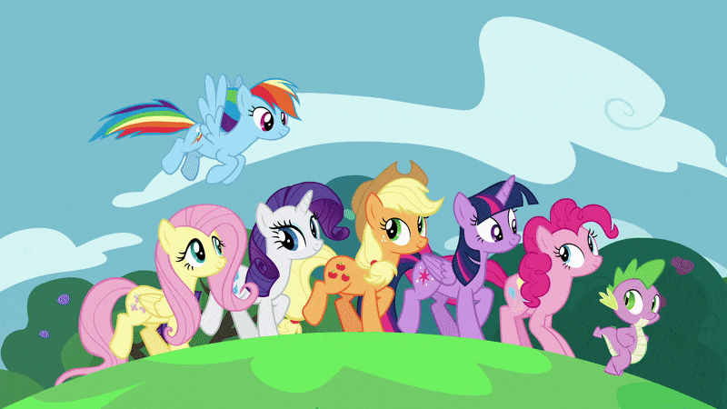 Size: 800x450 | Tagged: safe, artist:wissle, edit, edited screencap, screencap, character:applejack, character:fluttershy, character:pinkie pie, character:rainbow dash, character:rarity, character:spike, character:twilight sparkle, character:twilight sparkle (alicorn), species:alicorn, species:dragon, species:earth pony, species:pegasus, species:pony, species:unicorn, episode:all bottled up, g4, my little pony: friendship is magic, animated, best friends until the end of time, female, gif, happy, i can't believe it's not superedit, male, mane seven, mane six, mare, parody, scene parody, sound at source, youtube link