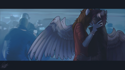 Size: 1366x768 | Tagged: safe, artist:orfartina, oc, oc only, species:anthro, species:pegasus, species:pony, anthro oc, clothing, commission, female, jacket, kissing, male, mare, police, stallion, ych result