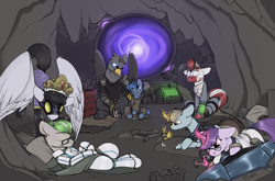 Size: 2332x1539 | Tagged: safe, artist:sinrar, oc, oc only, oc:enigma, oc:jade beak, oc:midnight, oc:octavian, oc:pipe dream, oc:scout's honor, oc:technical circuits, species:earth pony, species:griffon, species:pegasus, species:pony, species:unicorn, species:zebra, fallout equestria, armor, cave, clothing, commission, costume, female, glasses, group, gun, magic, male, portal, shadowbolts costume, time machine, weapon