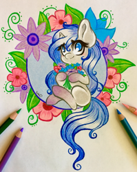 Size: 2873x3604 | Tagged: safe, artist:emberslament, oc, oc only, oc:phrostbite, species:pony, species:unicorn, chibi, colored pencils, female, flower, high res, mare, pencil, photo, solo, traditional art
