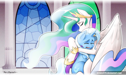 Size: 2500x1500 | Tagged: safe, artist:mrw32, character:princess celestia, character:trixie, species:alicorn, species:pony, species:unicorn, comforting, crying, cute, diatrixes, eyes closed, featured on derpibooru, heartwarming, hug, momlestia, open mouth, sad, sitting, smiling, spread wings, sweet dreams fuel, wings