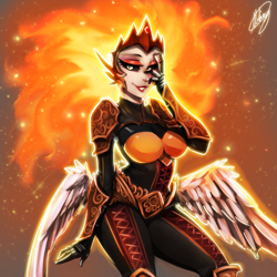 Size: 1000x1000 | Tagged: safe, artist:xxmarkingxx, character:daybreaker, character:princess celestia, species:human, episode:a royal problem, g4, my little pony: friendship is magic, armor, big breasts, breasts, busty daybreaker, butt wings, female, fire, humanized, lipstick, mane of fire, solo, winged humanization, wings