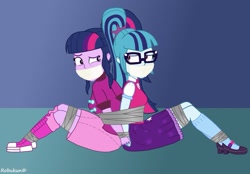 Size: 1073x745 | Tagged: safe, artist:robukun, character:sonata dusk, character:twilight sparkle, character:twilight sparkle (scitwi), species:eqg human, my little pony:equestria girls, accessory swap, bondage, boots, bound together, clothes swap, clothing, duct tape, female, flats, gag, glasses, shoes, skirt, socks, tape, tape bondage, tape gag
