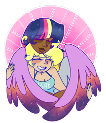 Size: 1280x1485 | Tagged: safe, artist:cubbybatdoodles, character:derpy hooves, character:twilight sparkle, character:twilight sparkle (alicorn), species:alicorn, species:human, species:pony, ship:twerpy, bae, blushing, clothing, colored wings, colored wingtips, dark skin, eyes closed, female, hug, humanized, lesbian, multicolored wings, nail polish, shipping, simple background, smiling, tank top, transparent background, winged humanization, winghug, wings
