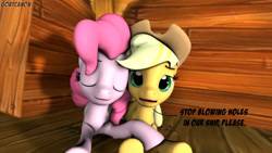 Size: 3840x2160 | Tagged: safe, artist:goatcanon, character:applejack, character:pinkie pie, species:pony, ship:applepie, 3d, cute, dialogue, eyes closed, female, lesbian, open mouth, sfm pony, shipping