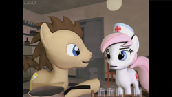 Size: 3840x2160 | Tagged: safe, artist:goatcanon, character:doctor whooves, character:nurse redheart, character:time turner, species:pony, 3d, bbc, bench, bottle, crossover, doctor who, duo, hospital, office, pills, pot, shelf, source filmmaker, test tube, tom baker, toolbox