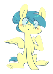 Size: 500x700 | Tagged: safe, artist:amphoera, oc, oc only, oc:venti via, species:pegasus, species:pony, beanbrows, blush sticker, blushing, cute, eyebrows, simple background, sitting, solo, spread wings, transparent background, underhoof, wings