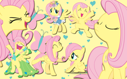 Size: 2560x1600 | Tagged: safe, artist:alicehumansacrifice0, artist:mihaaaa, artist:moongazeponies, artist:ooklah, edit, character:fluttershy, clothing, cutie mark, dress, female, filly, filly fluttershy, gala dress, multeity, so much flutter, solo, wallpaper, wallpaper edit, younger