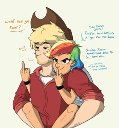 Size: 890x959 | Tagged: safe, artist:nolycs, character:applejack, character:rainbow dash, species:human, ship:appledash, appledash (straight), applejack (male), beard, dialogue, ear piercing, earring, facial hair, female, half r63 shipping, humanized, jewelry, male, middle finger, piercing, piggyback ride, rule 63, shipping, simple background, smiling, smirk, straight, vulgar