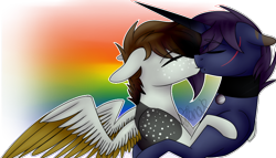 Size: 984x563 | Tagged: safe, artist:sweetmelon556, oc, oc only, species:pegasus, species:pony, species:unicorn, colored wings, colored wingtips, gay, kissing, male, rainbow background, stallion