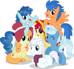 Size: 1024x952 | Tagged: safe, artist:mlp-trailgrazer, character:double diamond, character:party favor, character:sunset shimmer, character:trixie, oc, oc:apple pastry, oc:flash warp, oc:snow bank, species:pony, species:unicorn, alternate mane six, alternate universe, cute, double dawwmond, favorbetes, female, mane six opening poses, mare, simple background, transparent background, watermark