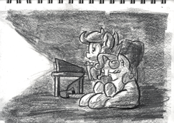 Size: 1270x901 | Tagged: safe, artist:shoeunit, character:scootaloo, character:sweetie belle, species:pegasus, species:pony, beanbag chair, cellphone, disinterested, duo, food, phone, popcorn, projector, traditional art