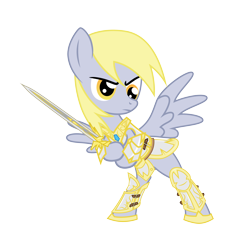 Size: 5686x6092 | Tagged: safe, artist:amarthgul, character:derpy hooves, species:pegasus, species:pony, absurd resolution, armor, dexterous hooves, epic derpy, female, hoof hold, mare, simple background, solo, sword, transparent background, vector, weapon