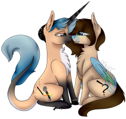 Size: 1530x1451 | Tagged: safe, artist:sweetmelon556, oc, oc only, oc:fianna, oc:sky, species:pegasus, species:pony, species:unicorn, chest fluff, colored wings, colored wingtips, female, male, mare, multicolored wings, nuzzling, simple background, sitting, stallion, transparent background