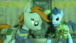 Size: 3840x2160 | Tagged: safe, artist:goatcanon, character:blues, character:noteworthy, oc, oc:littlepip, species:earth pony, species:pony, species:unicorn, fallout equestria, 3d, colt, crossover, fallout, fanfic, fanfic art, female, future, glowing horn, horn, levitation, magic, male, mare, pipboy, pipbuck, sad, source filmmaker, stable, stallion, telekinesis, vault suit