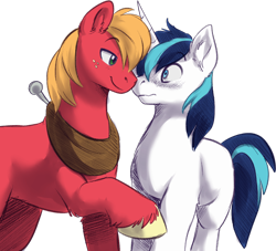 Size: 1112x1011 | Tagged: safe, artist:fizzy-dog, edit, character:big mcintosh, character:shining armor, species:earth pony, species:pony, species:unicorn, blushing, color edit, colored, gay, implied infidelity, infidelity, male, nuzzling, shiningmac, shipping, stallion