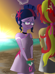 Size: 1280x1706 | Tagged: safe, artist:missmayaleanne, character:sunset shimmer, character:twilight sparkle, character:twilight sparkle (scitwi), species:eqg human, ship:scitwishimmer, ship:sunsetsparkle, my little pony:equestria girls, alternate costumes, alternate hairstyle, beach, blushing, female, lesbian, looking at each other, ocean, shipping, sunset