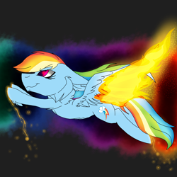 Size: 2560x2560 | Tagged: safe, artist:brokensilence, character:rainbow dash, species:pony, backwards cutie mark, female, fiery wings, fire, flying, mare, simple background, solo