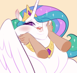 Size: 2069x1962 | Tagged: safe, artist:mellowhen, character:princess celestia, species:human, bust, chubby cheeks, chubbylestia, disembodied hand, fat, hand, obese, portrait, squishy cheeks