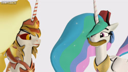 Size: 3840x2160 | Tagged: safe, artist:goatcanon, derpibooru original, character:daybreaker, character:princess celestia, species:pony, episode:a royal problem, g4, my little pony: friendship is magic, 3d, banana, bananalestia, clothing, cute, cutelestia, duality, duo, eating, fez, food, hat, nom, simple background, white background