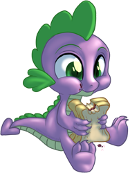 Size: 421x561 | Tagged: safe, artist:kittehkatbar, character:spike, species:dragon, baby, baby dragon, claws, cute, eating, food, green eyes, holding, male, sandwich, signature, simple background, sitting, spikabetes, transparent background