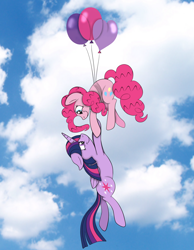 Size: 1736x2236 | Tagged: safe, artist:squipycheetah, character:pinkie pie, character:twilight sparkle, character:twilight sparkle (alicorn), species:alicorn, species:earth pony, species:pony, ship:twinkie, balloon, cloud, cloudy, cute, dangling, diapinkes, duo, duo female, eye contact, female, floating, floppy ears, folded wings, hanging on, happy, heart, holding hooves, lesbian, looking at each other, looking down, looking up, mare, redraw, shipping, sky, smiling, stock image, then watch her balloons lift her up to the sky, trust, twiabetes, windswept mane