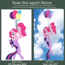 Size: 3000x3000 | Tagged: safe, artist:squipycheetah, character:pinkie pie, character:twilight sparkle, character:twilight sparkle (alicorn), species:alicorn, species:pony, ship:twinkie, before and after, cute, draw this again, female, improvement, lesbian, redraw, shipping