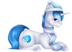 Size: 2247x1644 | Tagged: safe, artist:mauuwde, oc, oc only, oc:diamond star, species:pony, species:unicorn, bandaid, clothing, hat, looking back, male, prone, requested art, scarf, simple background, smiling, snow cap, solo, stallion, transparent background, watermark, winter outfit